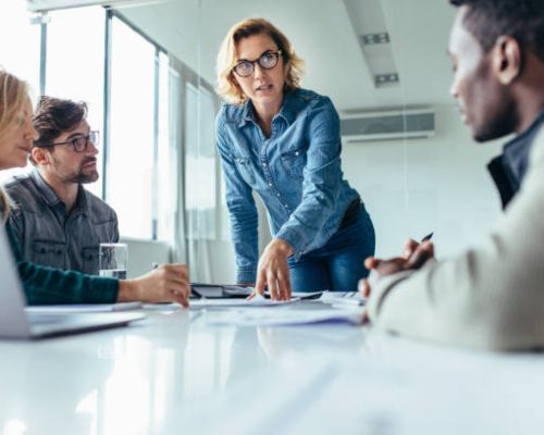 Businesswoman standing and leading business presentation. Female executive putting her ideas during presentation in conference room.